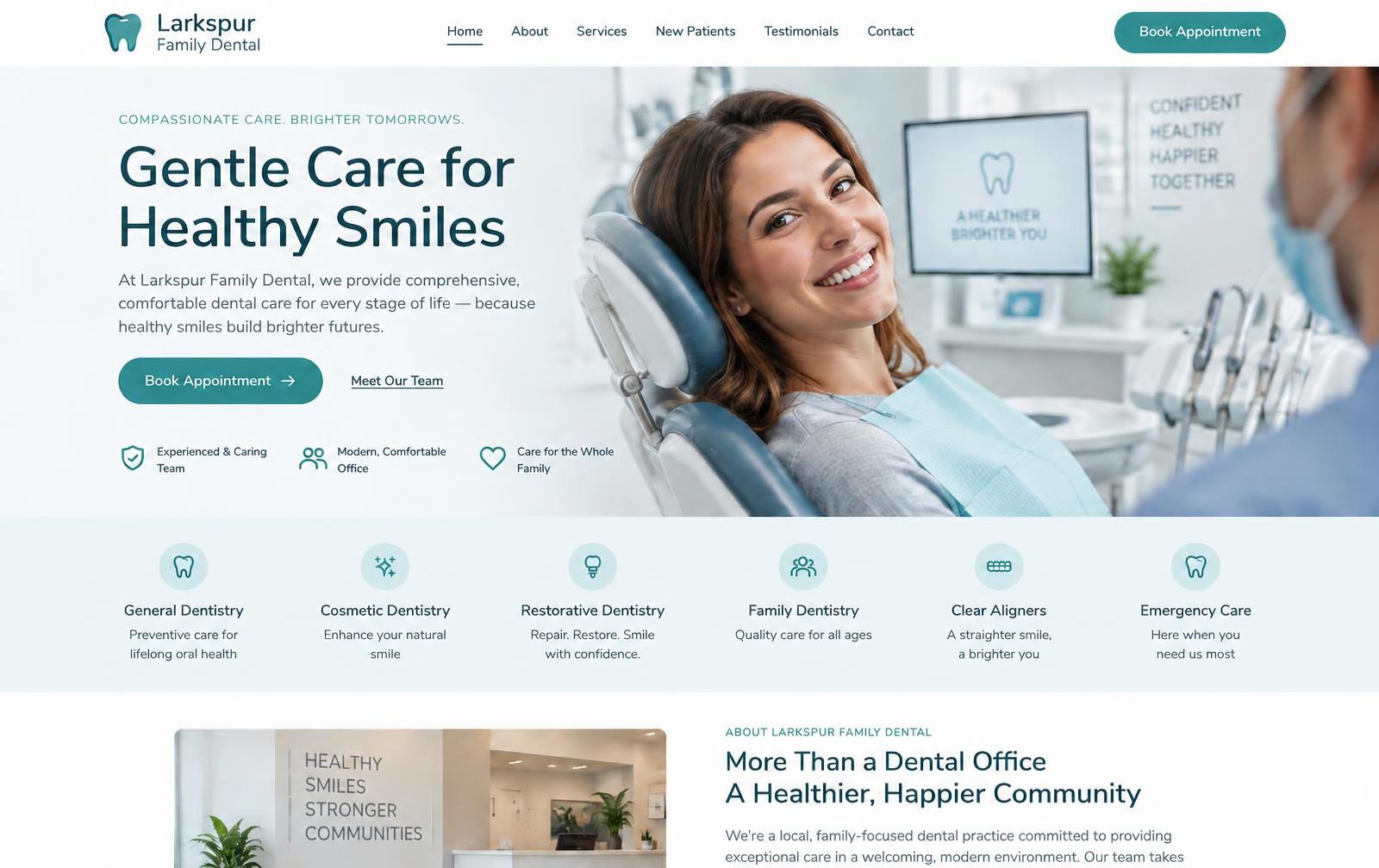 Larkspur Family Dental demo website on a laptop