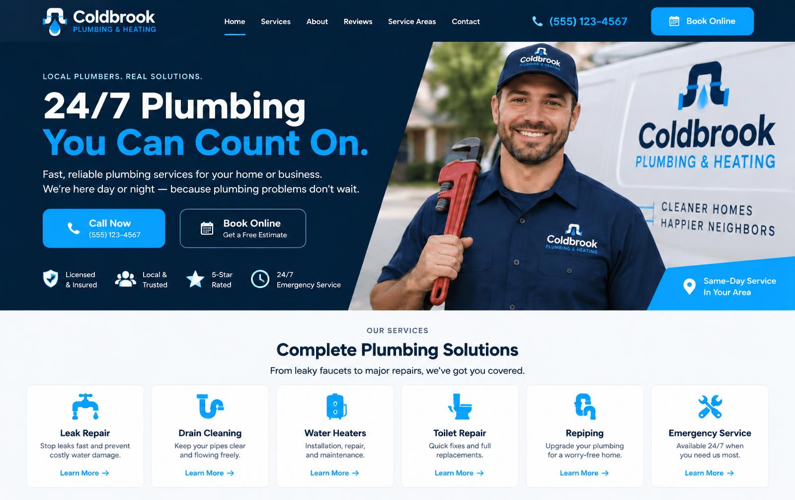 Coldbrook Plumbing & Heating demo website on a laptop